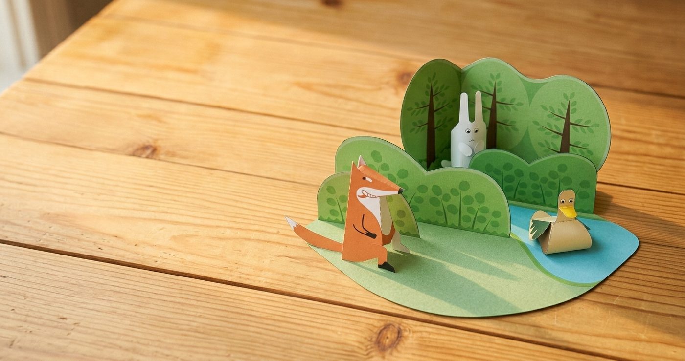 Una escena de papercraft terminada sobre una mesa de madera: un zorro, un conejo y un pato de papel entre arbustos junto a un lago
