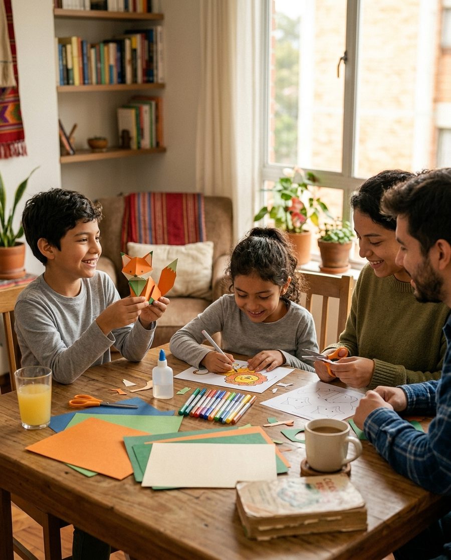 Familia alrededor de una mesa: una niña colorea una plantilla con marcadores mientras un niño sostiene una figura de papel ya armada