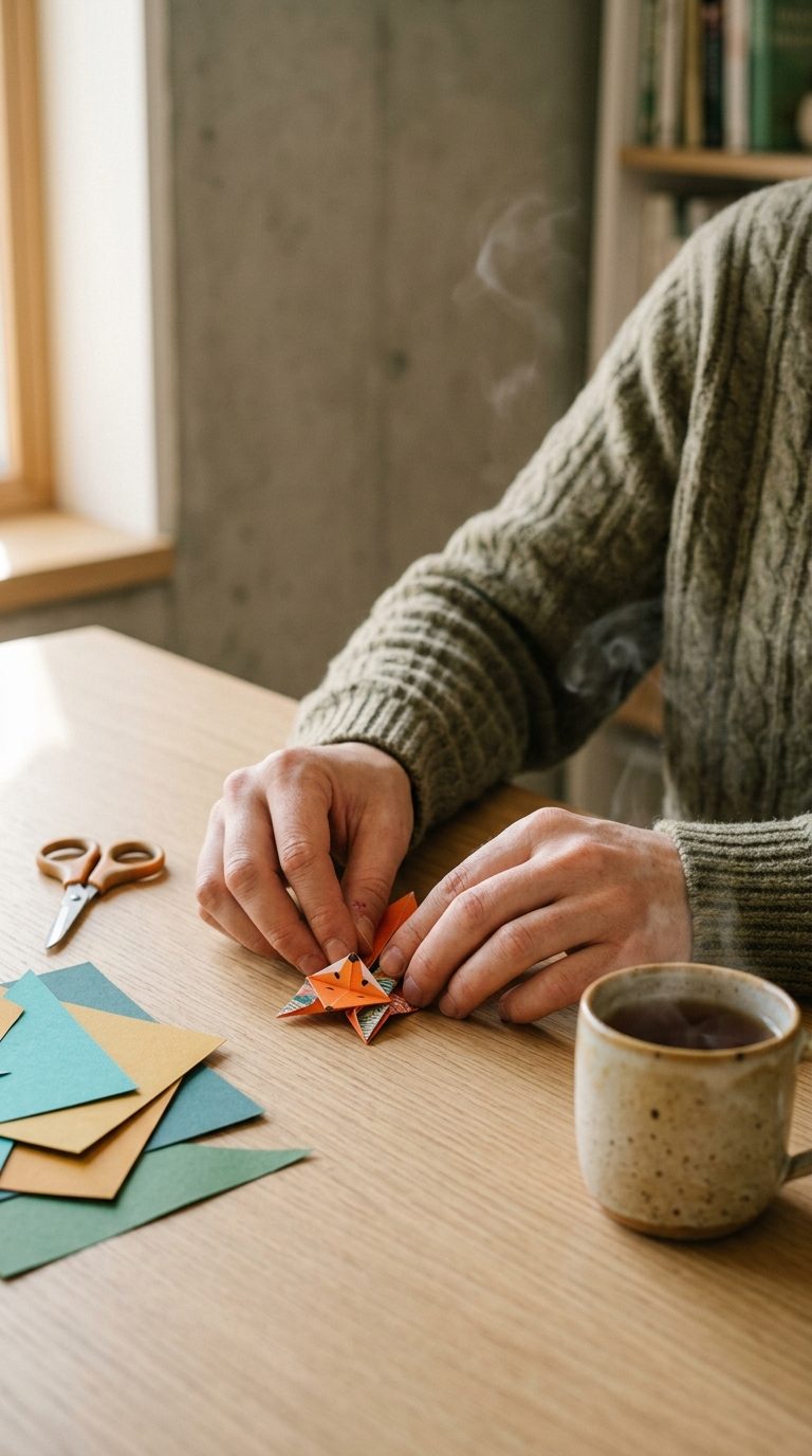 Manos adultas doblando una pieza de papel sobre una mesa de madera, junto a unas tijeras y una taza de té