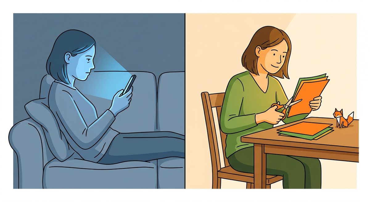 Ilustración: a la izquierda, una persona recostada en el sofá mirando el celular a oscuras; a la derecha, la misma persona sentada a una mesa recortando papel con tijeras
