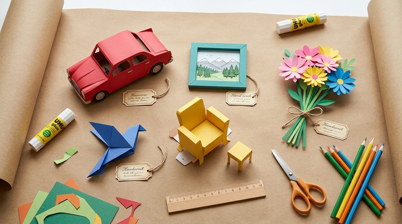 Varias piezas de papercraft en proceso sobre papel kraft: un carro rojo, un cuadro con un paisaje, una silla miniatura y un ramo de flores de papel